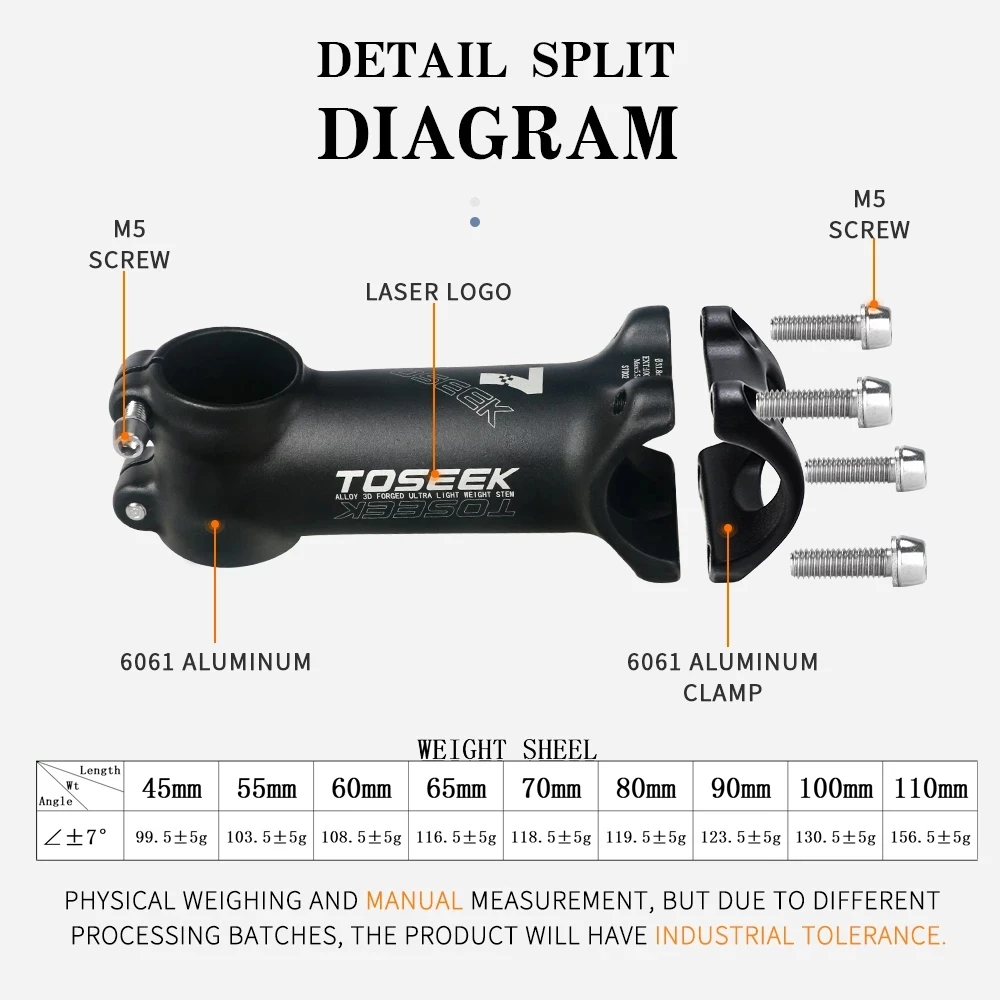 Bicycle Stem Ultralight Aluminum 7 Degrees MTB Mountain Bike 31.8 x 45/55/60/65/70/80/90/100/110mm Accessories