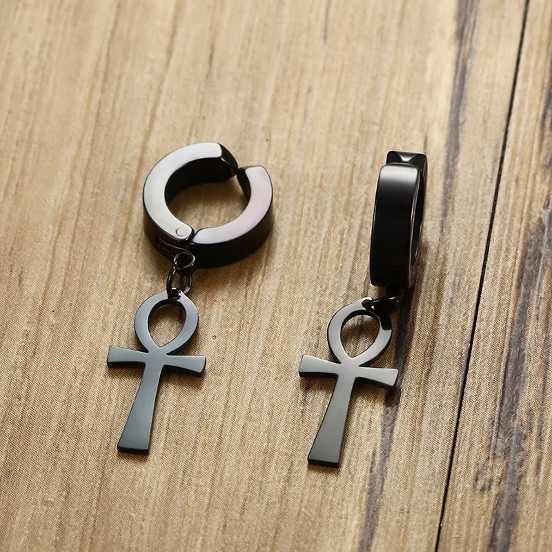 Eternal Cross Egypt Cleopatra Ankh Earrings for Men Jewelry Antiqued Black Stainless Steel Egyptian Queen Ankara Earing - Image 5