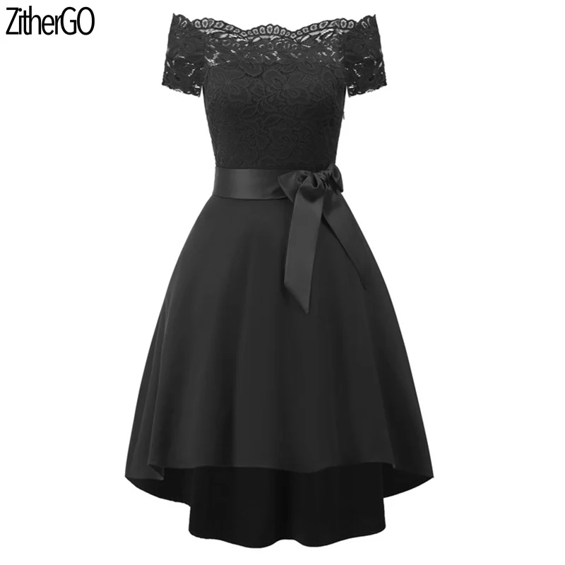 Black ZitherGo, летнее женское кружевное платье, для официальных мероприятий, элегантное платье, сексуальное кружевное платье высокого качества, с бантом на поясе, женское облегающее платье - Цвет: Black