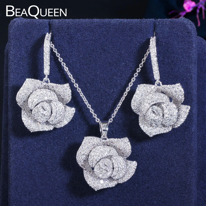 Женские серьги подвески с цветком розы BeaQueen набор свадебных украшений из