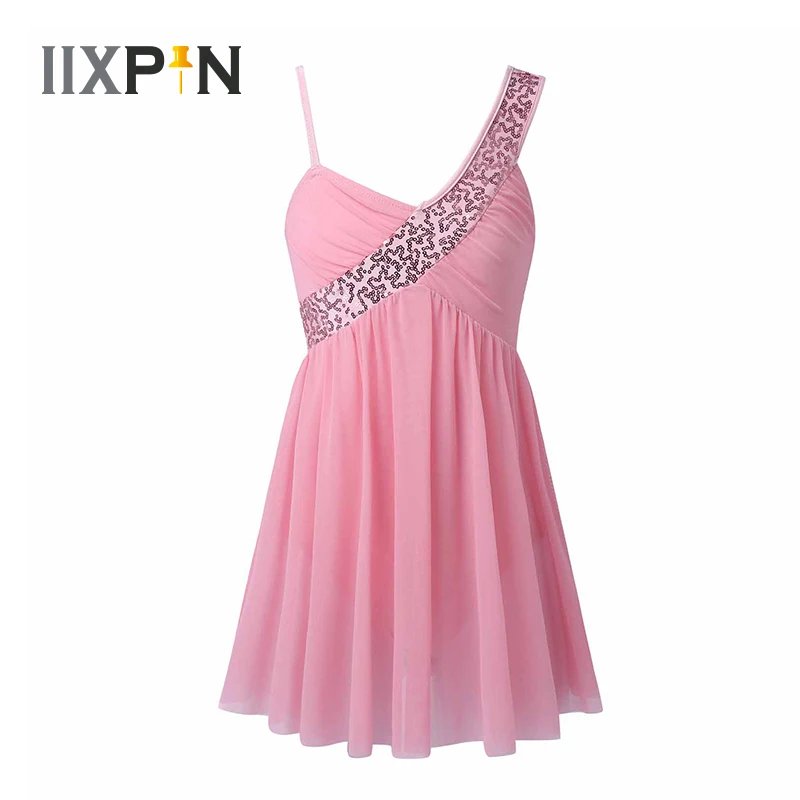 

Sequins Ballet Dress Girls Sleeveless Irregular Shoulder Straps Figure Skating Dance Leotard Dress Kids Lyrical Dance Costumes