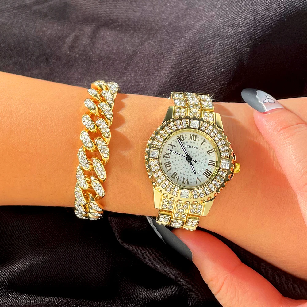 Luxury Women Iced Out Watches Gold Silver Color Cuban Chain Bracelet Watches Full Rhinestone Wrist Watch Men Fashion Jewelry