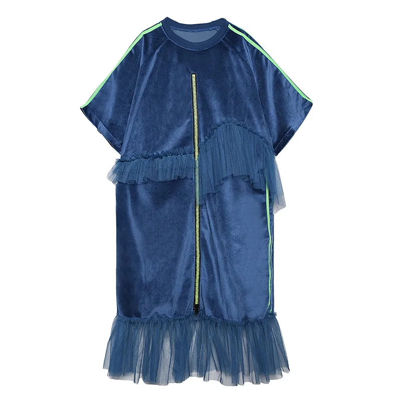 Blue-green 3 цвета, женское, плюс размер, сетка, сплайсинг, бархат, короткий рукав, длинное платье, женская уличная мода, Свободные повседневные платья - Цвет: Blue-green