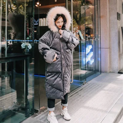 

2018 Winter New Style Velvet Contrast Color Hooded Large Fur Collar Cotton-padded Clothes Korean-style Cuff with Strap Mid-lengt