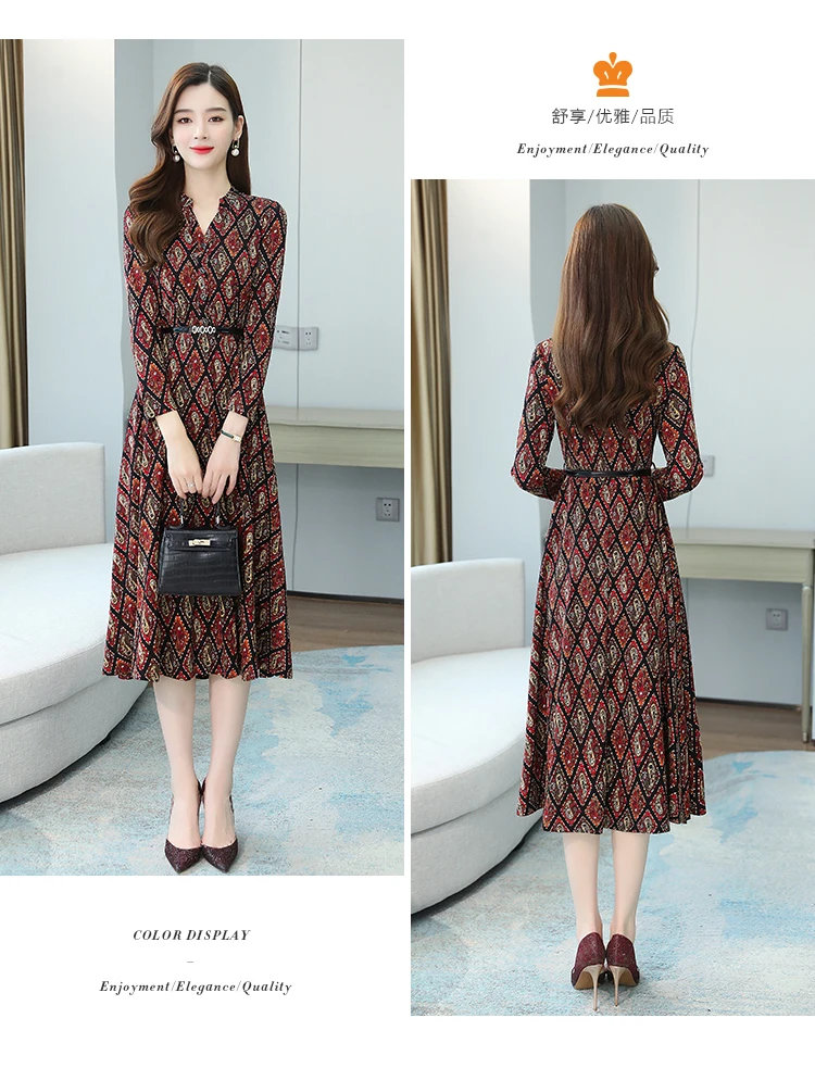Plus Size Autumn Winter Long Sleeve Dresses 2020 Vintage Print Boho Casual Midi Dress Elegant Women Bodycon Party Maxi Vestidos