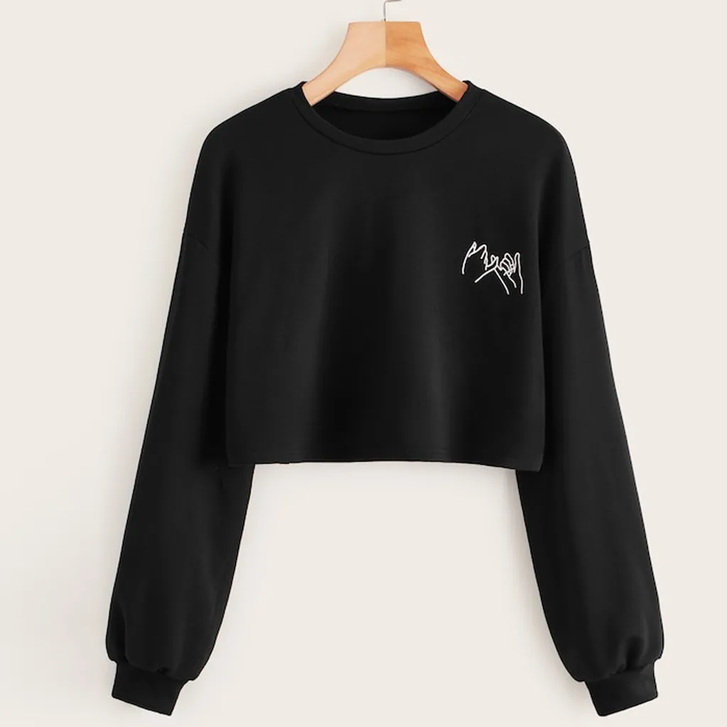 Crop Top Women Print Tops Streetwear Hip-hop Sweatshirt Long Sleeve Female Kawaii Roupas O-Neck Solid Sudadera Mujer Moletom