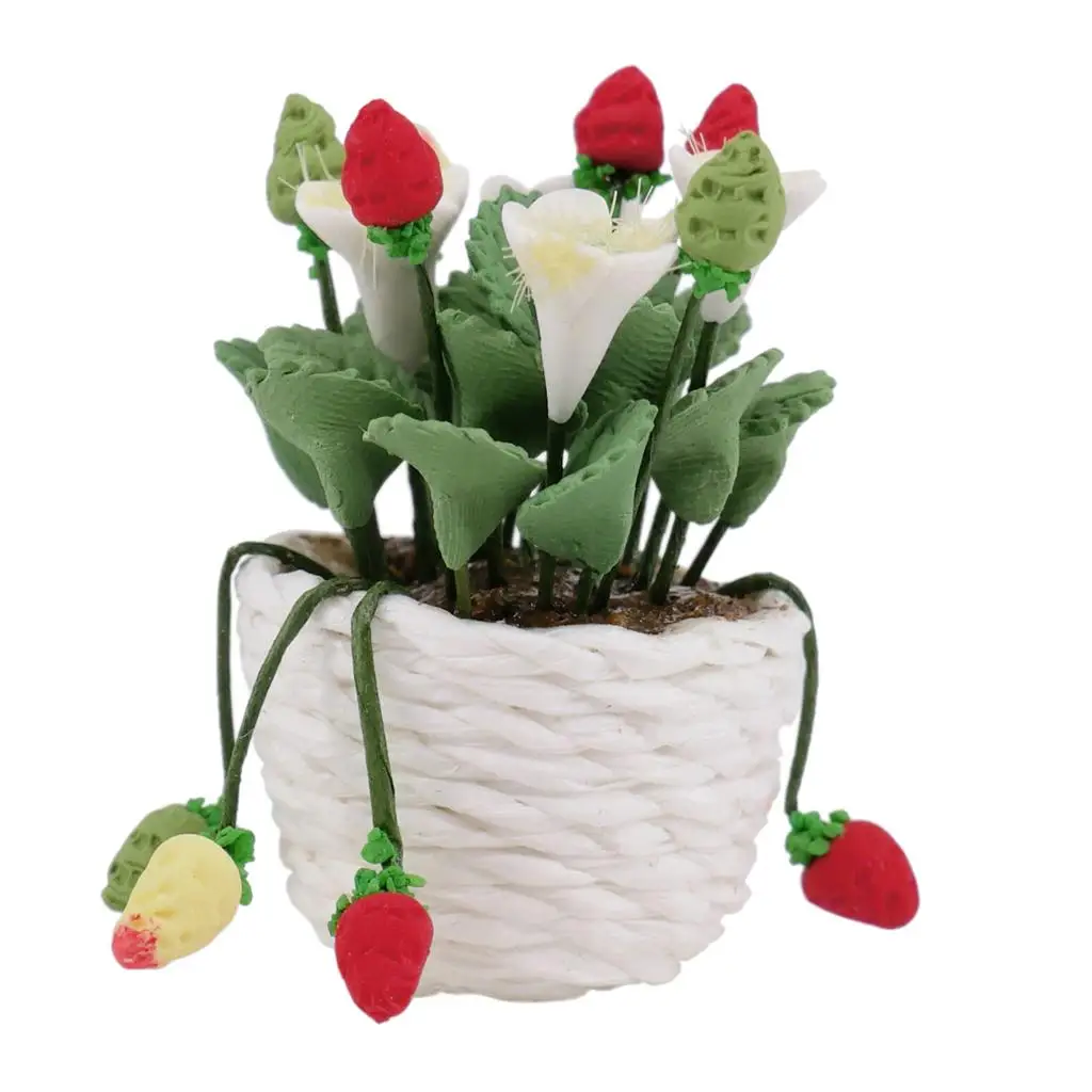 12th Doll House Flower Potted Miniature Strawberries Bonsai Model Beautiful DIY Fairy Garden Ornament Dollhouse Decor Kids Toy