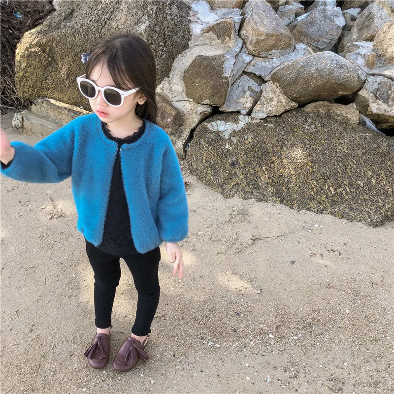 

2019 Autumn New Style Childrenswear Girls Faux Mink Cashmere Solid Color Cardigan Debutante-Style Sweater Coat