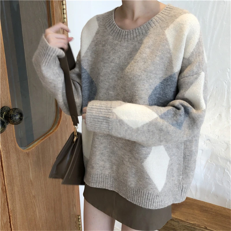 Осенне-зимний женский свитер в клетку с круглым вырезом, теплый минималистичный вязаный пуловер, элегантные женские свободные трикотажные топы, джемперы
