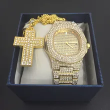 Роскошные мужские часы с бриллиантами, ювелирные изделия в стиле хип-хоп, подвеска в виде креста Ankh, ожерелье на цепочке, серебряное ожерелье с фианитами, ювелирный набор для мужчин