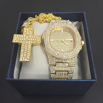 

Luxury Men Gold Color Watch Ice Out Cuban CZ Ankh Cross Pendant Chain Necklace Cz Bling Rapper Men Jewelry In Crystal For Men