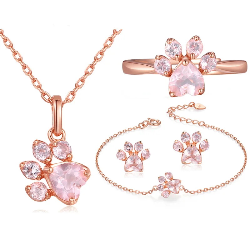 jewelry set Ювелирные наборы для женщин в виде медвежьей лапы, когтей кошки, кольца из розового золота, серьги-гвоздики, ожерелье, браслет, Свадебный розовый кристалл, CZ, подарки для любви - Окраска металла: jewelry set