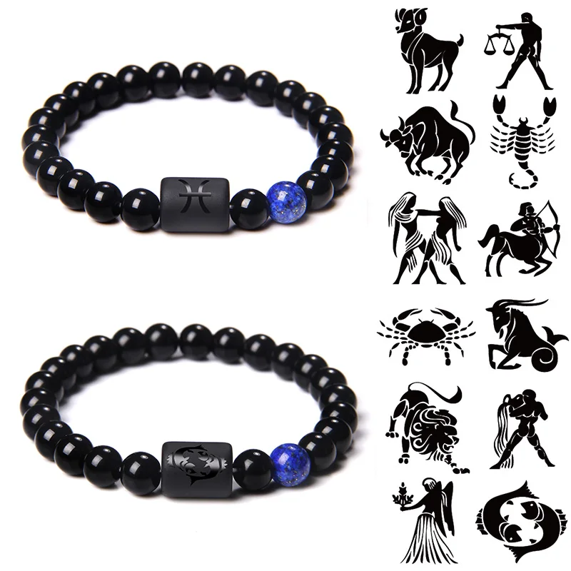 12ConstellationZodiacSignsBeadsCouplesBraceletNaturalBlackOnyx