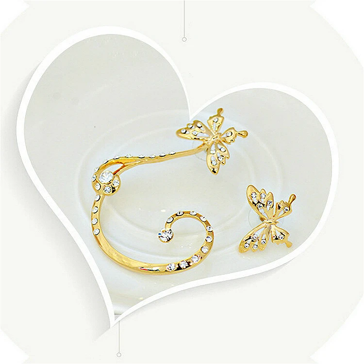Lovely Crystal Butterfly Ear Cuff Earrings For Women Trendy Gold Ear Stud Fashion Rhinestone Clip On Earring Party Jewelry 1pcs