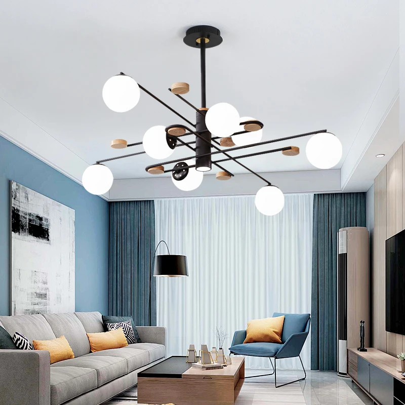 

Minimalist Modern Black LED Chandelier Lighting E27 Glass Ball Wooden Living Dining Room Bedroom Home AC90V-260V Hanging Lamp