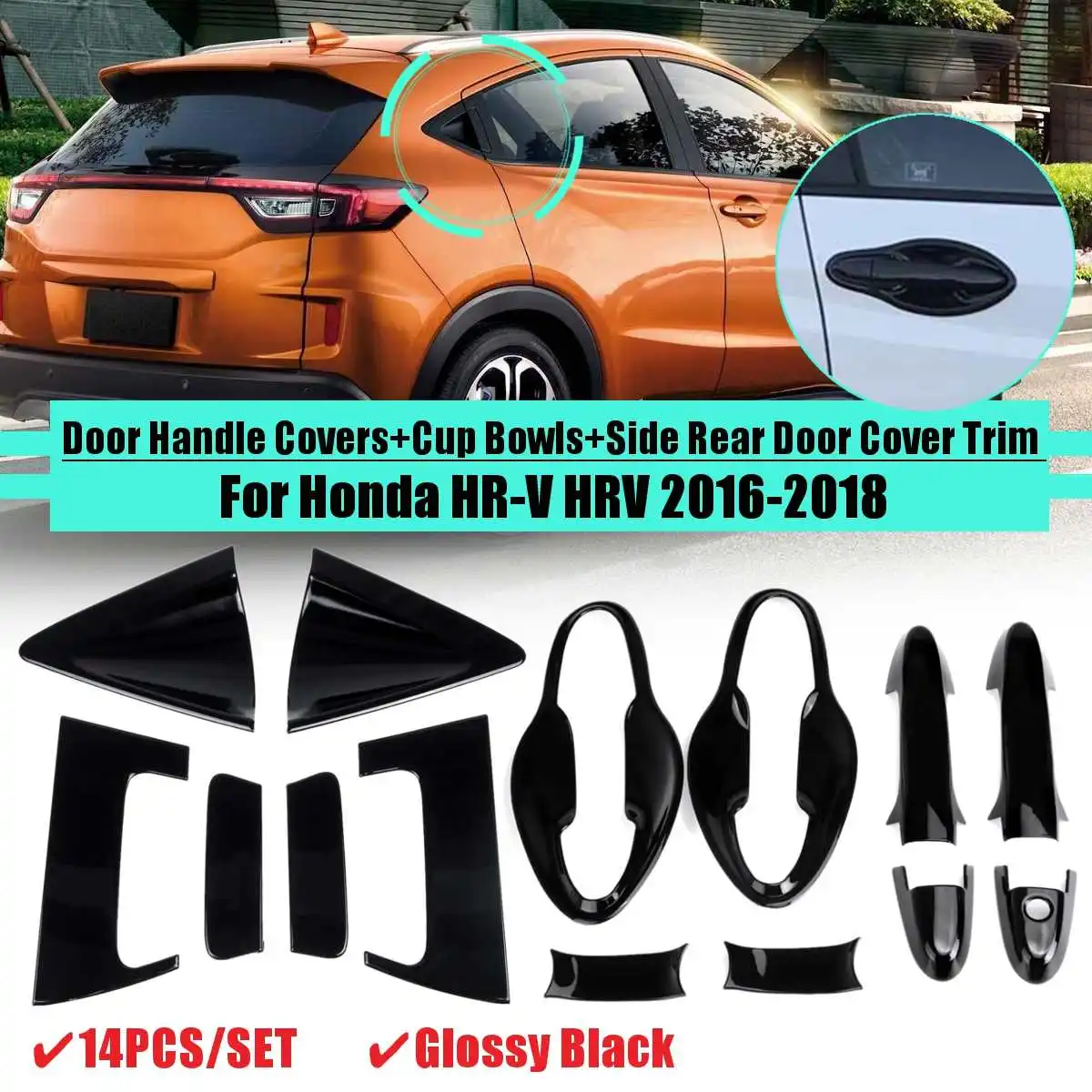 Автомобильная Передняя Задняя дверная ручка, рамка, наклейка для Honda HR-V HRV, автомобильная чаша, покрытие, молдинг, украшение, глянцевый черный цвет - Название цвета: 1 set key entry