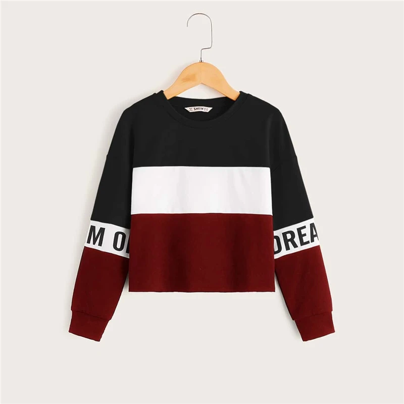 SHEIN/Детская разноцветная толстовка с буквенным принтом для девочек детские топы г. Осенние повседневные пуловеры с длинными рукавами и цветными блоками