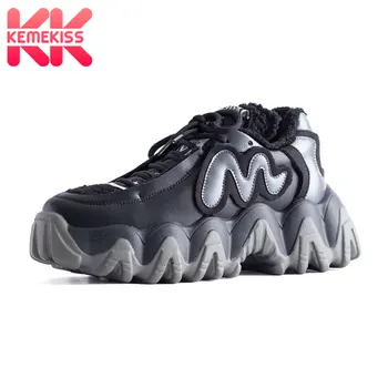 

KemeKiss 2020 Ins Hot Winter Sneakers Fashion Punk Girl Black Casual Shoes Woman Lace Up Warm Fur Sneakers Size 35-40