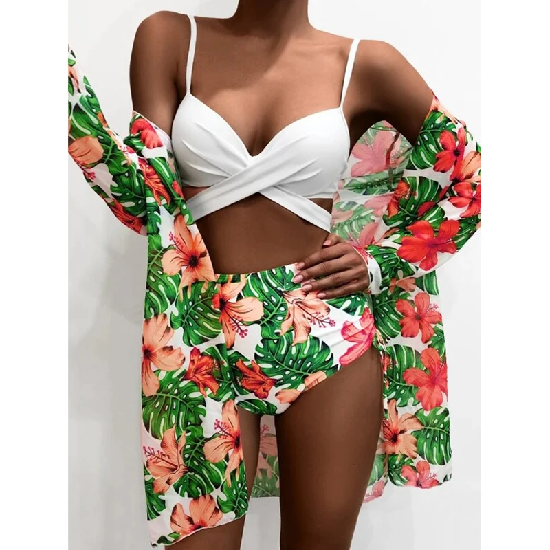 2022 Sexy Bikinis And Cover Set Women Swimsuit Printed Swimwear High Waist Summer Strappy Bathing Suit Beach Wear Biquini Female bathing suit and cover up set Cover-Ups