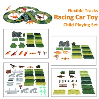 

Plastic Dinosaur World Racing Car Toys Electric Flexible Tracks Racing Playing Toys Set Vehicles Assembled Kit Children Gifts