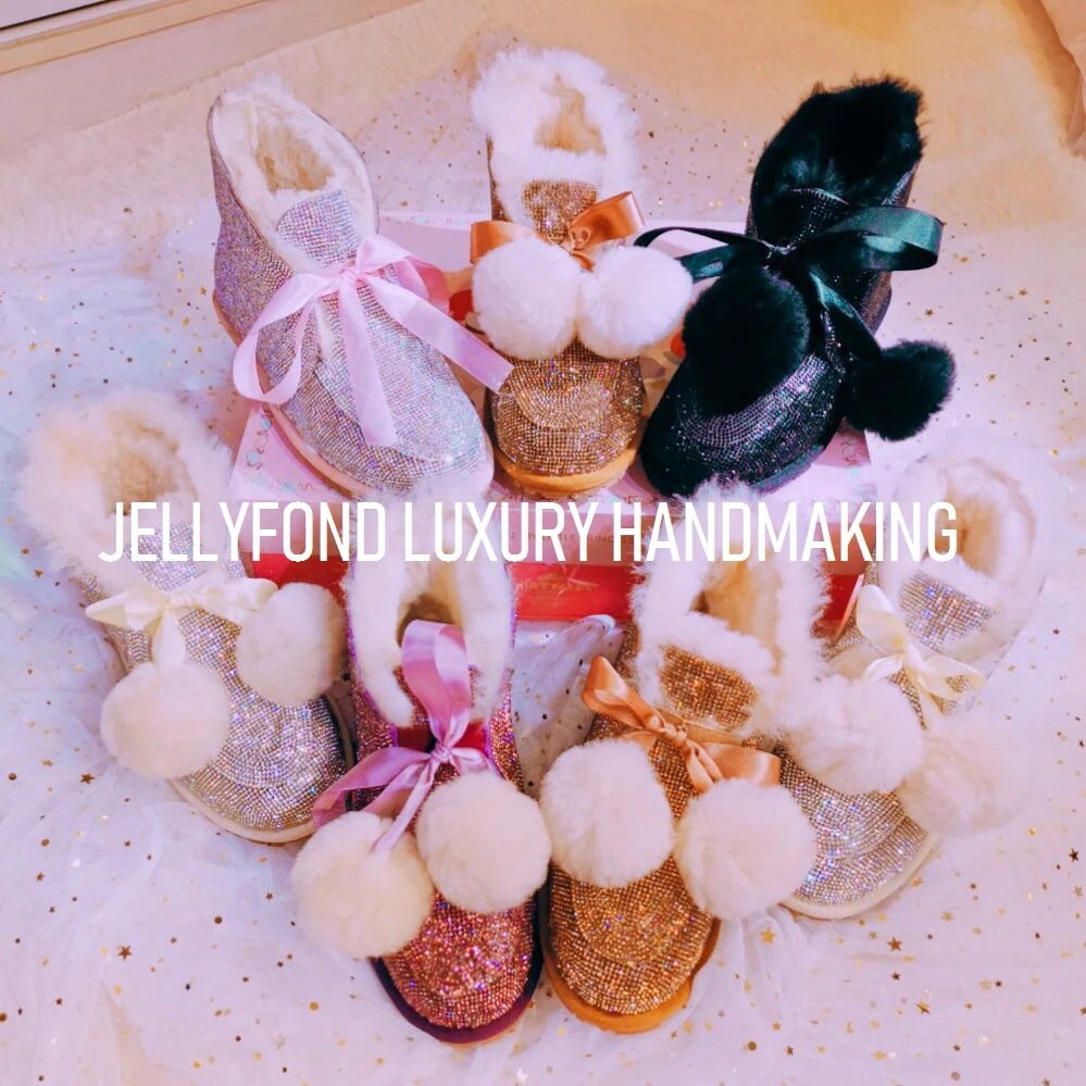 JELLYFOND стразы; зимние модные ботинки; женские зимние ботинки на плоской подошве из натурального меха; Водонепроницаемая теплая зимняя обувь; Botines Mujer