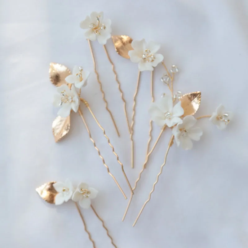 Floralbride Alloy Leaf Crystal Rhinestone Ceram Flower Bridal Hair Comb Hair PIn Stickers Wedding Hair Accessories Women Jewelry