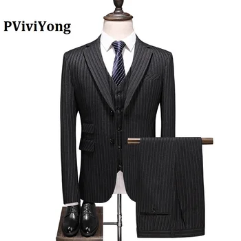 

PViviYong brand 2020 high quality suit men Dark grey stripe Business Suit Three-piece (Jackets + Vest + Pants) 6722