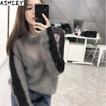 

Thin Sweater Autumn Women High Neck Patchwork Grey Knitted Sweater Pullover Transparent Pull Femme Fashion