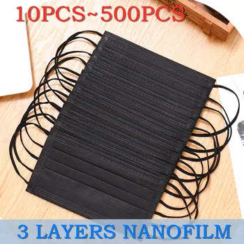 

10 / 50 / 100 / 200 / 500pcs disposable mask non woven fabric 3-layer filtering dust-proof smoke respirator black adult mask