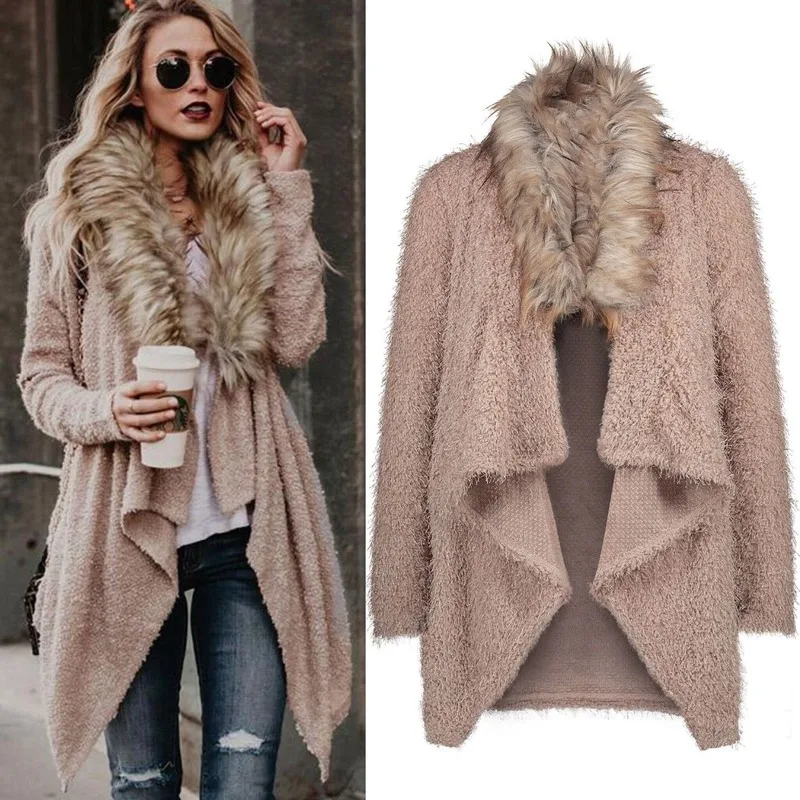

Womens Cardigan Long Sleeve Sweaters 2019 Poncho Capes Autumn Winter Fur Collar Wool Knitted Sweater Coat Female Long Cardigan