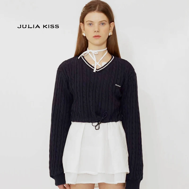 

Women Contrast Striped V Neck Crop Cable Sweater With Drawstring Waist