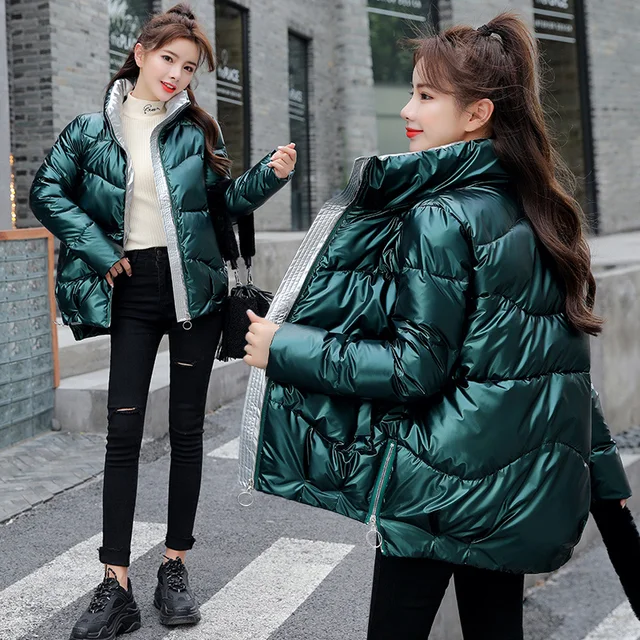 Short Women s Down Jacket Winter Glossy Loose Cotton padded Coat Stand Collar Outwear Parkas Female