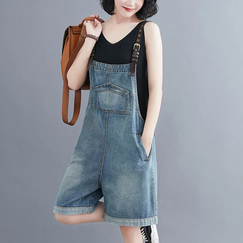 Half Denim Overall Shorts Women 2020 Summer New Korean Style Plus Size Straps Loose Thin Wide Leg Jumpsuit Rompers Fashion