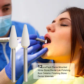 

12pcs/Pack Flame Mounted White Stone Dental Lab Polishing Burs Ceramic Finishing Stone Dental Materials