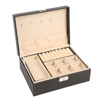 

Durable Necklace Ring Safety Lock Home 2 Layers PU Leather Jewelry Box Exquisite Storage Organizer Travel Portable Display Tray