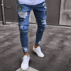Мужские узкие джинсы байкерские джинсы на молнии уличная одежда обтягивающие потертые брюки рваные брюки оптовая продажа бесплатная