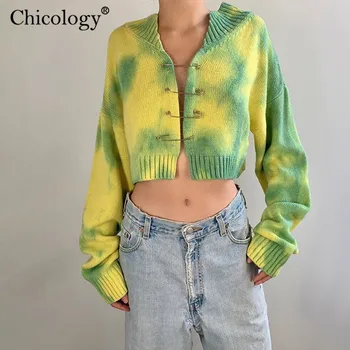 

Chicology Tie Dye Y2K Cardigan Knitted Long Sleeve 2020 Fall Winter Sweater Shrug Women Crop Top Warm Oversize Casual Clothes