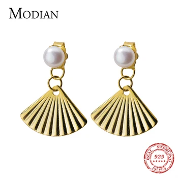 

Modian Fashion Real 925 Sterling Silver Jewelry Pearl Dangle Earrings for Women Pattern Sector Gold Color Cute for Girl Gifts
