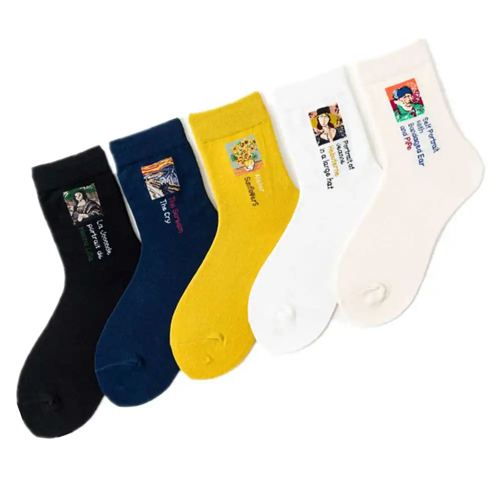 

REFJJ Unisex stockings retro oil painting happy socks slippery socks creative soft cotton breathable Harajuku men's socks