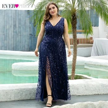

Plus Size Sequined Evening Dresses Ever Pretty A-Line V-Neck Side Split Embroidery Elegant Formal Evening Gowns Robe De Soiree