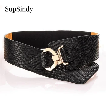 

SupSindy Woman down Coat Elastic wide belt Punk Snakeskin pattern metal buckle dress PU Leather Belts for women Waistband Female