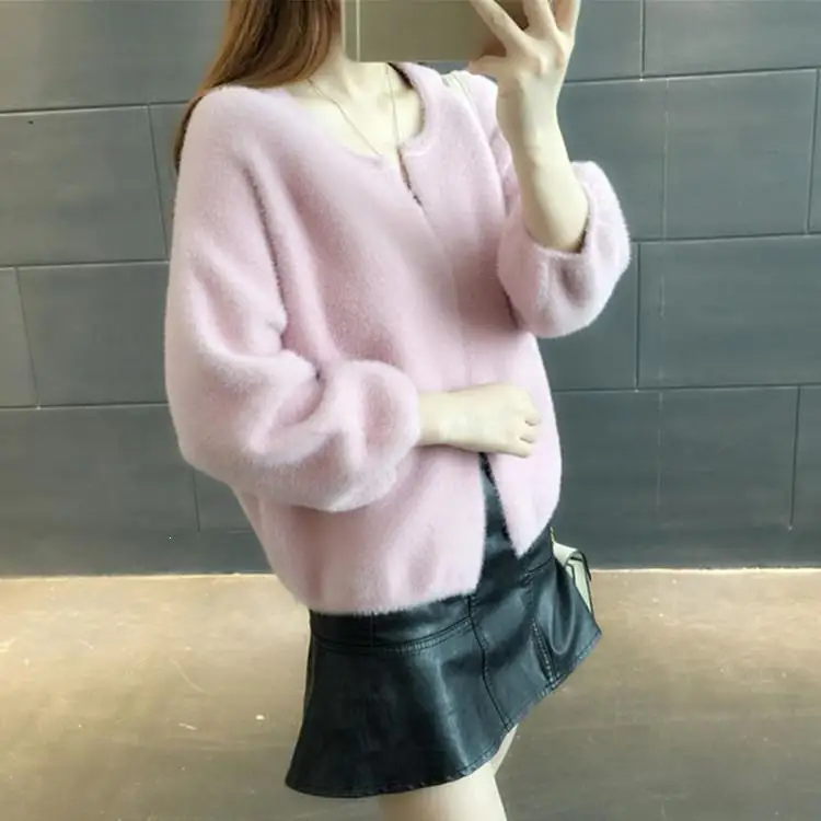 

Women Faux Mink Fur Cardigans Coat Casual Solid Slim Short Knitwear Open Stitch O-Neck Three Quarter Sleeve Knitted Outwear