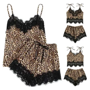 

CYSINCOS Women Sexy Sleepwear Set Sling Sleepwear Lingerie Lace Leopard Print Underwear And Shorts Pajama Set 2 Pieces Nightwear
