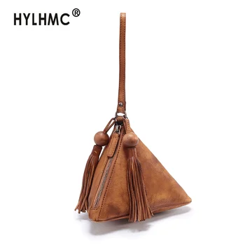 

New Literary Retro Portable Triangle Bag Women Cowhide Mobile Phone Bag Genuine Leather Small Handbag Women Clutch Bags Original