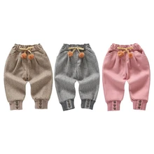 Штаны для малышей, хлопковые и бархатные однотонные повседневные брюки с бантом для маленьких девочек на осень и зиму