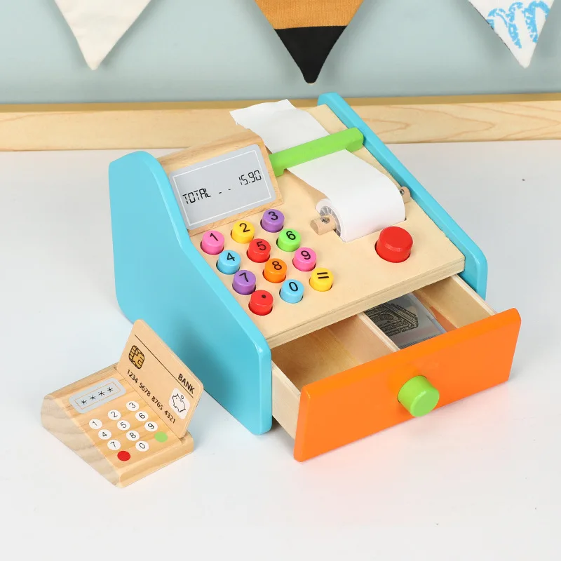 

Wood Supermarket Blue Cashier Desk Cash Register Children Banknote Cognitive Learning Educational Early Childhood Play House Toy