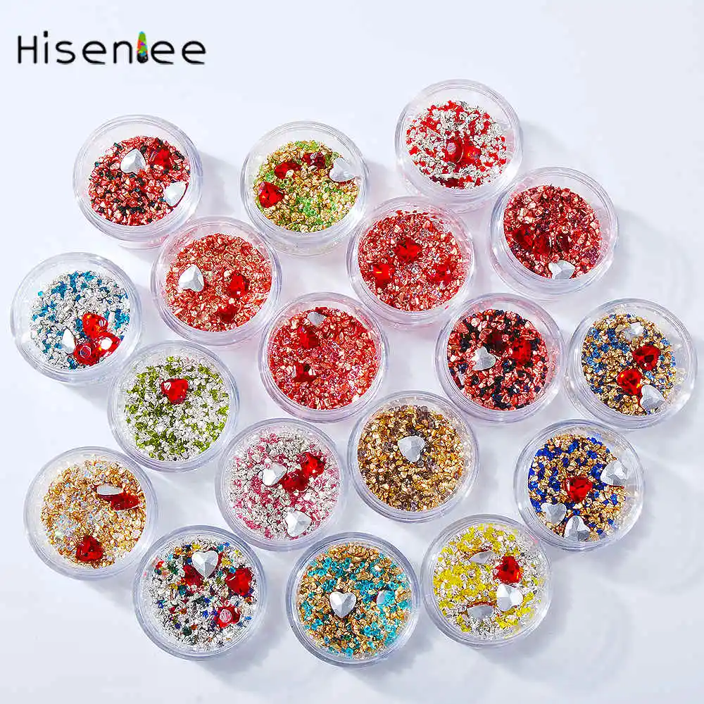 18 Boxes of High Quality Transparent Red Heart-shaped Stone Broken Glass Rhinestones 3D Charm DIY Nail Supplies Decoration - Цвет: 019
