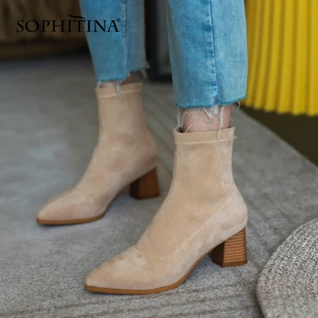 

SOPHITINA Women's Boots Flock Surface Internal Leather Ankle Boots Pointed Toe Square Heel Slip-On Solid Color Women Shoes SO629