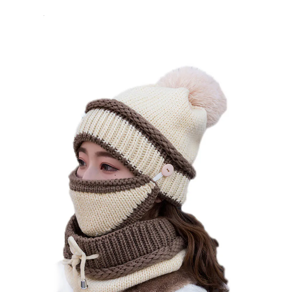 Зимняя женская бархатная теплая шапка с защитой от холодных ушей для езды, ветрозащитная шапка, шарф, маска, 3 шт., вязаная шапочка, шапка, ветрозащитная Лыжная громоздкая шапка, набор - Цвет: Белый