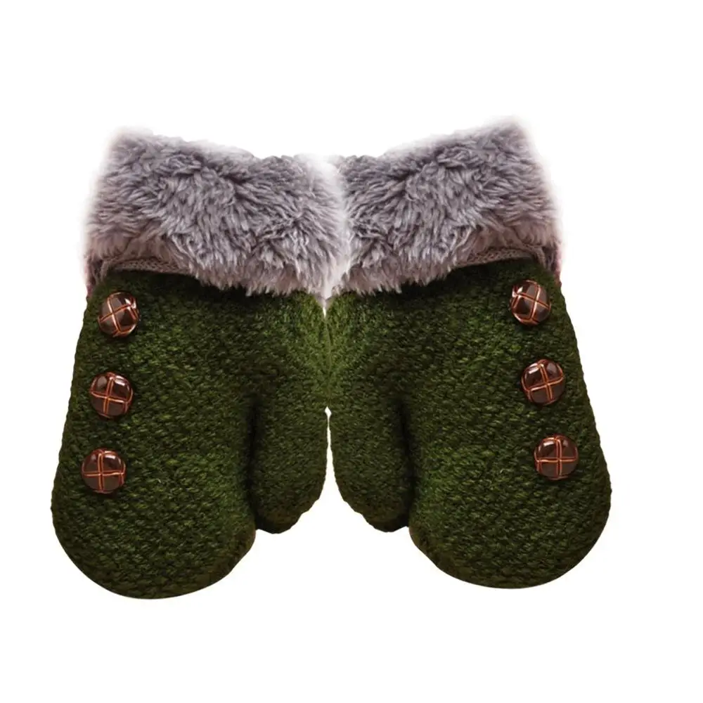 Зимние теплые детские перчатки-рукавицы, вязаные перчатки, двойные утолщенные, все пальцы, детские перчатки для мальчиков и девочек - Цвет: dark green